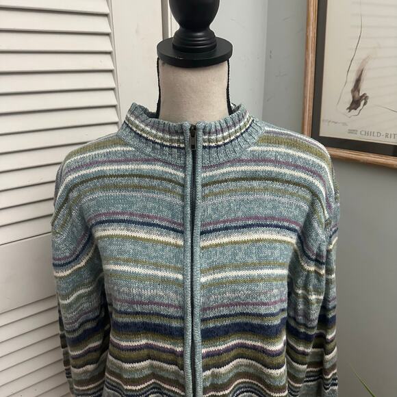 Vintage TIARA Sweater Womens Large Blue Striped Glitter Full Zip Retro 90s Ski - Picture 3 of 8